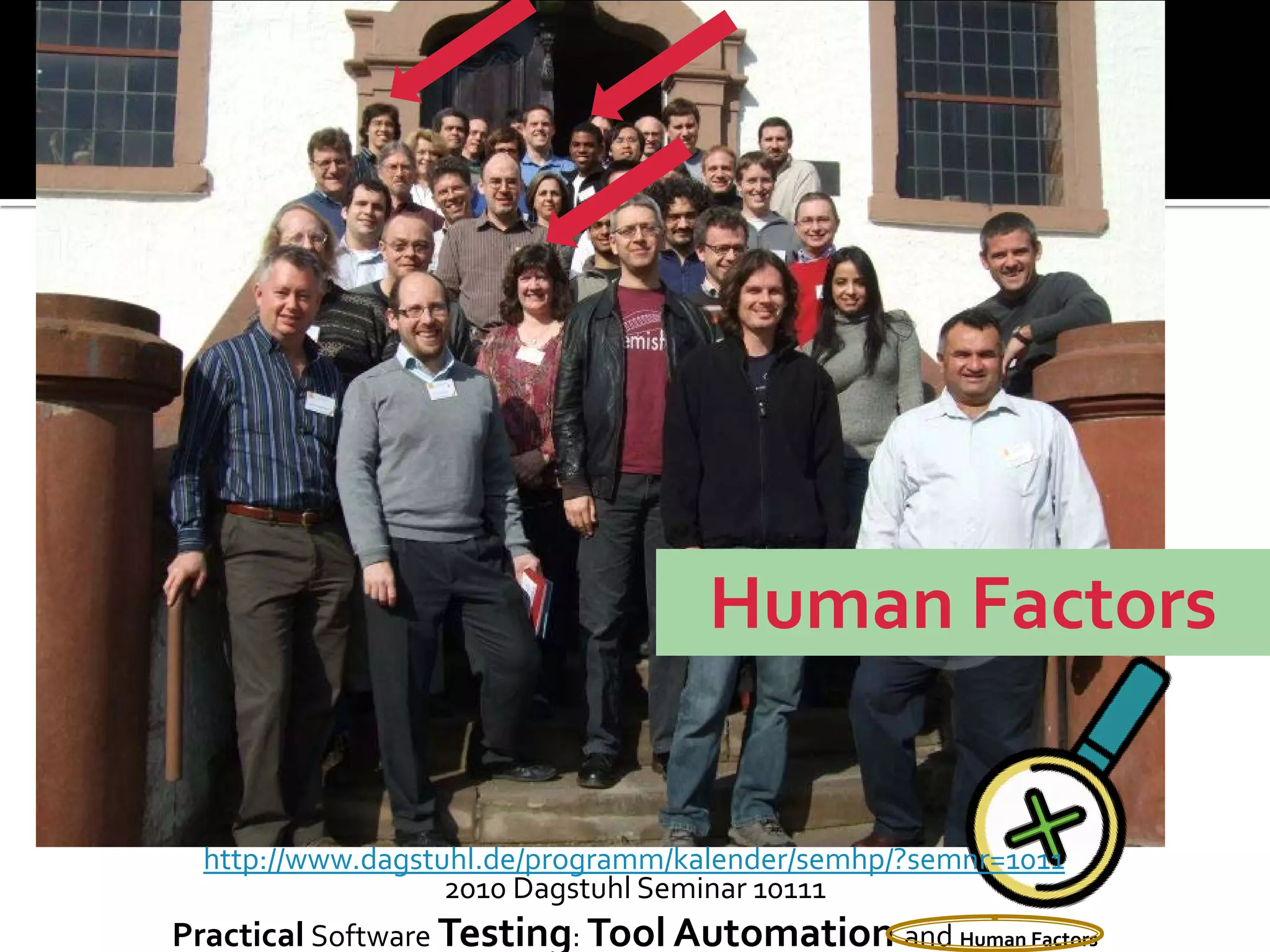 2010 Dagstuhl Seminar 10111
Practical Software Testing: Tool Automation and Human Factors
Human Factors
http://www.dagstuhl.de/programm/kalender/semhp/?semnr=1011
 