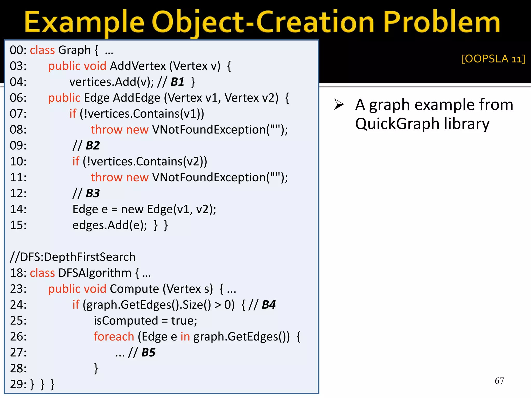 67
 A graph example from
QuickGraph library
00: class Graph { …
03: public void AddVertex (Vertex v) {
04: vertices.Add(v); // B1 }
06: public Edge AddEdge (Vertex v1, Vertex v2) {
07: if (!vertices.Contains(v1))
08: throw new VNotFoundException("");
09: // B2
10: if (!vertices.Contains(v2))
11: throw new VNotFoundException("");
12: // B3
14: Edge e = new Edge(v1, v2);
15: edges.Add(e); } }
//DFS:DepthFirstSearch
18: class DFSAlgorithm { …
23: public void Compute (Vertex s) { ...
24: if (graph.GetEdges().Size() > 0) { // B4
25: isComputed = true;
26: foreach (Edge e in graph.GetEdges()) {
27: ... // B5
28: }
29: } } } 67
[OOPSLA 11]
 