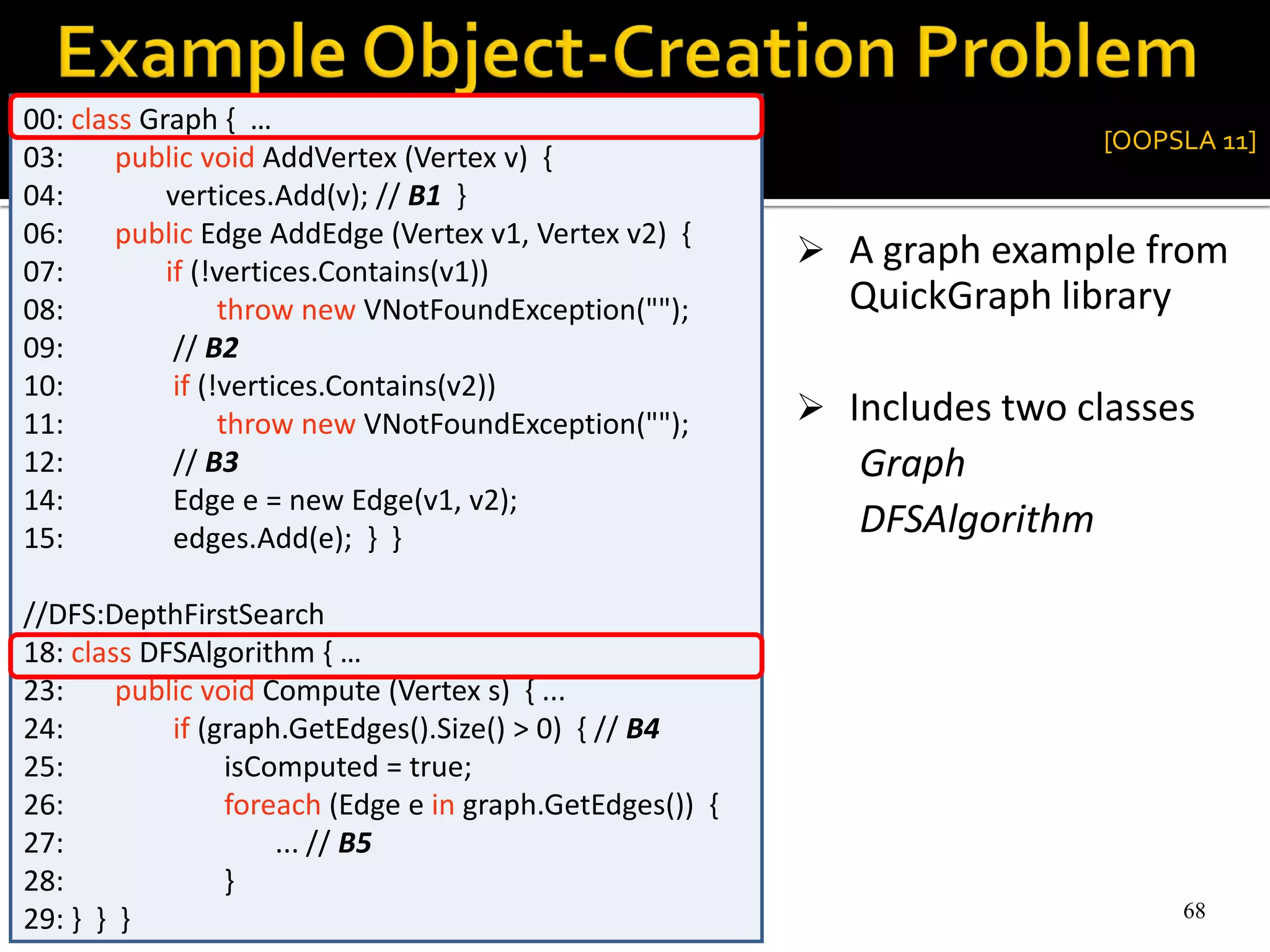 68
 A graph example from
QuickGraph library
 Includes two classes
Graph
DFSAlgorithm
00: class Graph { …
03: public void AddVertex (Vertex v) {
04: vertices.Add(v); // B1 }
06: public Edge AddEdge (Vertex v1, Vertex v2) {
07: if (!vertices.Contains(v1))
08: throw new VNotFoundException("");
09: // B2
10: if (!vertices.Contains(v2))
11: throw new VNotFoundException("");
12: // B3
14: Edge e = new Edge(v1, v2);
15: edges.Add(e); } }
//DFS:DepthFirstSearch
18: class DFSAlgorithm { …
23: public void Compute (Vertex s) { ...
24: if (graph.GetEdges().Size() > 0) { // B4
25: isComputed = true;
26: foreach (Edge e in graph.GetEdges()) {
27: ... // B5
28: }
29: } } } 68
[OOPSLA 11]
 