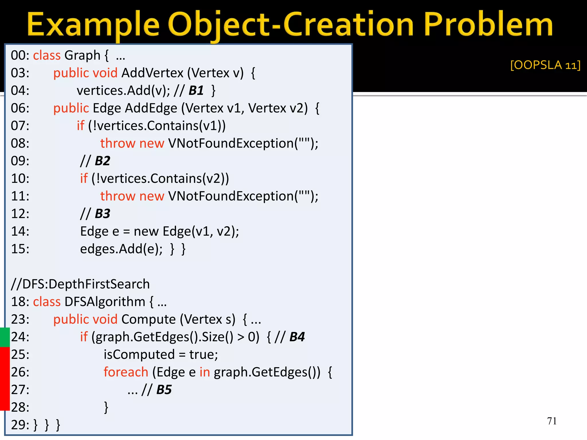 7171
00: class Graph { …
03: public void AddVertex (Vertex v) {
04: vertices.Add(v); // B1 }
06: public Edge AddEdge (Vertex v1, Vertex v2) {
07: if (!vertices.Contains(v1))
08: throw new VNotFoundException("");
09: // B2
10: if (!vertices.Contains(v2))
11: throw new VNotFoundException("");
12: // B3
14: Edge e = new Edge(v1, v2);
15: edges.Add(e); } }
//DFS:DepthFirstSearch
18: class DFSAlgorithm { …
23: public void Compute (Vertex s) { ...
24: if (graph.GetEdges().Size() > 0) { // B4
25: isComputed = true;
26: foreach (Edge e in graph.GetEdges()) {
27: ... // B5
28: }
29: } } }
[OOPSLA 11]
 