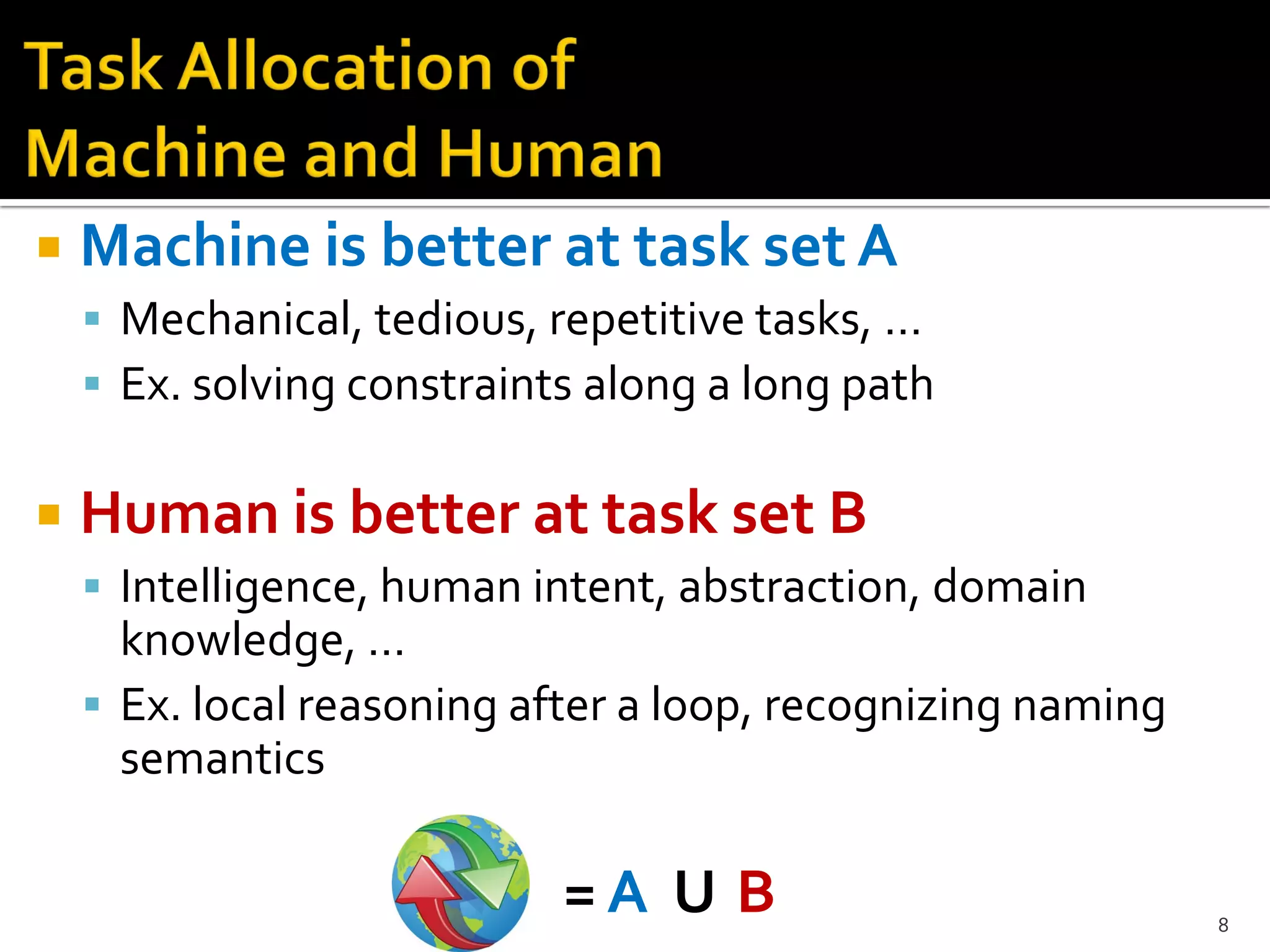  Machine is better at task set A
 Mechanical, tedious, repetitive tasks, …
 Ex. solving constraints along a long path
 Human is better at task set B
 Intelligence, human intent, abstraction, domain
knowledge, …
 Ex. local reasoning after a loop, recognizing naming
semantics
= A U B 8
 