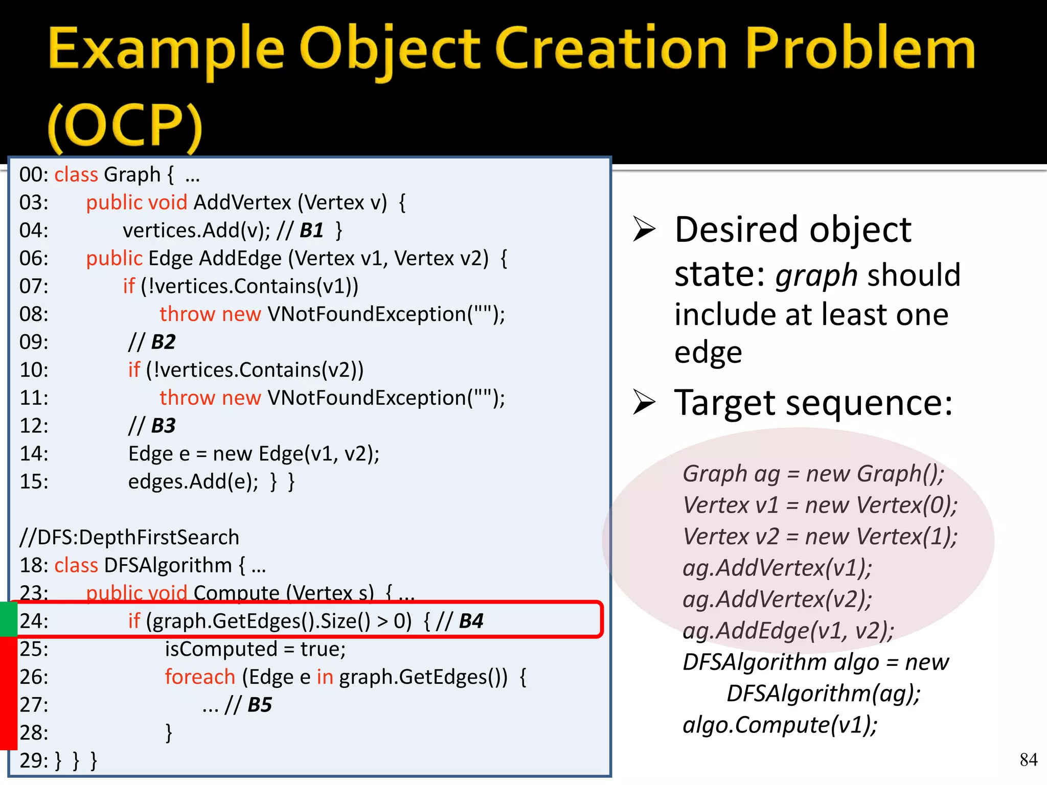 84
 Test target: Cover true
branch (B4) of Line 24
 Desired object
state: graph should
include at least one
edge
 Target sequence:
Graph ag = new Graph();
Vertex v1 = new Vertex(0);
Vertex v2 = new Vertex(1);
ag.AddVertex(v1);
ag.AddVertex(v2);
ag.AddEdge(v1, v2);
DFSAlgorithm algo = new
DFSAlgorithm(ag);
algo.Compute(v1);
84
00: class Graph { …
03: public void AddVertex (Vertex v) {
04: vertices.Add(v); // B1 }
06: public Edge AddEdge (Vertex v1, Vertex v2) {
07: if (!vertices.Contains(v1))
08: throw new VNotFoundException("");
09: // B2
10: if (!vertices.Contains(v2))
11: throw new VNotFoundException("");
12: // B3
14: Edge e = new Edge(v1, v2);
15: edges.Add(e); } }
//DFS:DepthFirstSearch
18: class DFSAlgorithm { …
23: public void Compute (Vertex s) { ...
24: if (graph.GetEdges().Size() > 0) { // B4
25: isComputed = true;
26: foreach (Edge e in graph.GetEdges()) {
27: ... // B5
28: }
29: } } }
 