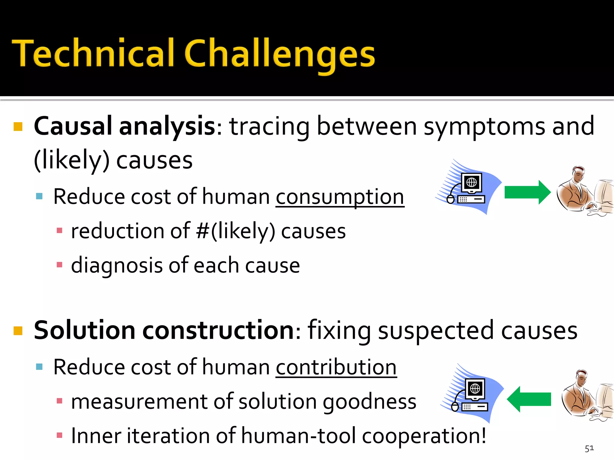  Causal analysis: tracing between symptoms and
(likely) causes
 Reduce cost of human consumption
▪ reduction of #(likely) causes
▪ diagnosis of each cause
 Solution construction: fixing suspected causes
 Reduce cost of human contribution
▪ measurement of solution goodness
▪ Inner iteration of human-tool cooperation! 51
 