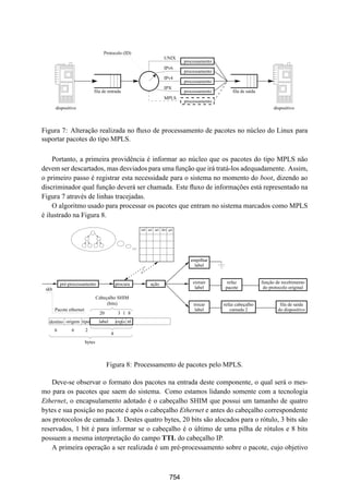 19° Simpósio Brasileiro de Redes de Computadores
 SBRC
   20 01                                                   Florianópolis, Santa Catarina, 21 a 25 de maio de 2001


                                    Protocolo (ID)
                                                                       UNIX
                                                                                processamento
                                                                       IPv6
                                                                                processamento
                                                                       IPv4
                                                                                processamento
                                                                       IPX
                             fila de entrada                                    processamento       fila de saída
                                                                       MPLS
                                                                                processamento
       dispositivo                                                                                                        dispositivo



Figura 7: Alteração realizada no ﬂuxo de processamento de pacotes no núcleo do Linux para
suportar pacotes do tipo MPLS.

    Portanto, a primeira providência é informar ao núcleo que os pacotes do tipo MPLS não
devem ser descartados, mas desviados para uma função que irá tratá-los adequadamente. Assim,
o primeiro passo é registrar esta necessidade para o sistema no momento do boot, dizendo ao
discriminador qual função deverá ser chamada. Este ﬂuxo de informações está representado na
Figura 7 através de linhas tracejadas.
    O algoritmo usado para processar os pacotes que entram no sistema marcados como MPLS
é ilustrado na Figura 8.
                                                          ent sai act dev gw




                                                                                   empilhar
                                                                                    label


           pré-processamento                  procura          ação                 extrair      refaz              função de recebimento
 skb                                                                                 label      pacote               do protocolo original

                                 Cabeçalho SHIM
                                      (bits)                                        trocar      refaz cabeçalho              fila de saída
       Pacote ethernet                                                               label         camada 2                 do dispositivo
                                  20           3 1 8
  destino origem tipo             label       exp s ttl
       6        6        2
                                          4
                         bytes



                                       Figura 8: Processamento de pacotes pelo MPLS.

    Deve-se observar o formato dos pacotes na entrada deste componente, o qual será o mes-
mo para os pacotes que saem do sistema. Como estamos lidando somente com a tecnologia
Ethernet, o encapsulamento adotado é o cabeçalho SHIM que possui um tamanho de quatro
bytes e sua posição no pacote é após o cabeçalho Ethernet e antes do cabeçalho correspondente
aos protocolos de camada 3. Destes quatro bytes, 20 bits são alocados para o rótulo, 3 bits são
reservados, 1 bit é para informar se o cabeçalho é o último de uma pilha de rótulos e 8 bits
possuem a mesma interpretação do campo TTL do cabeçalho IP.
    A primeira operação a ser realizada é um pré-processamento sobre o pacote, cujo objetivo



                                                                          754
 