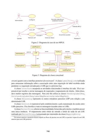 19° Simpósio Brasileiro de Redes de Computadores
 SBRC
   20 01                                 Florianópolis, Santa Catarina, 21 a 25 de maio de 2001




                             Figura 2: Diagrama de caso de uso MPLS.




                              Figura 3: Diagrama de classe conceitual.

stream) quanto com a interface posterior (downstream)3 . A classe LabelReqLink é utilizada
para armazenar informação sobre a associação entre uma requisição de label recebida ainda
pendente e a requisição enviada para o LSR que é o próximo hop.
    A classe Interface encapsula as atividades relacionadas à interface de rede. Ela é res-
ponsável por receber e enviar mensagens de requisição e mapeamento de rótulos. Além disso,
deve manter registros das mensagens. Para este ﬁm utiliza as classes PendingLabelReq,
OutstandingLabelReq, LabelMapReceived e LabelMapSent.
    A classe Adjacency representa os outros roteadores parceiros LDP com relação a um
determinado LSR.
    A classe Session é responsável pelo estabelecimento e pela manutenção da sessão entre
LSRs parceiros. Ela classiﬁca e trata as mensagens trocadas entre os LSRs.
    A classe KernelProxy abstrai as funcionalidades fornecidas pelo núcleo e também possui
uma única instância. O mapeamento entre rótulo de entrada e rótulo de saída de um LSP,
realizado por KernelProxy, é armazenado por intermédio da classe MappingEntry.
   3
    Os termos anterior e posterior dizem respeito ao ﬂuxo de pacotes em um LSP, os pacotes viajam de um LSR
anterior para um LSR posterior




                                                   748
 