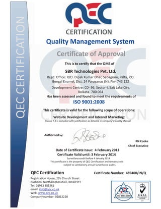 SBR Technologies Pvt Ltd wins ISO 9001: 2008 Certification