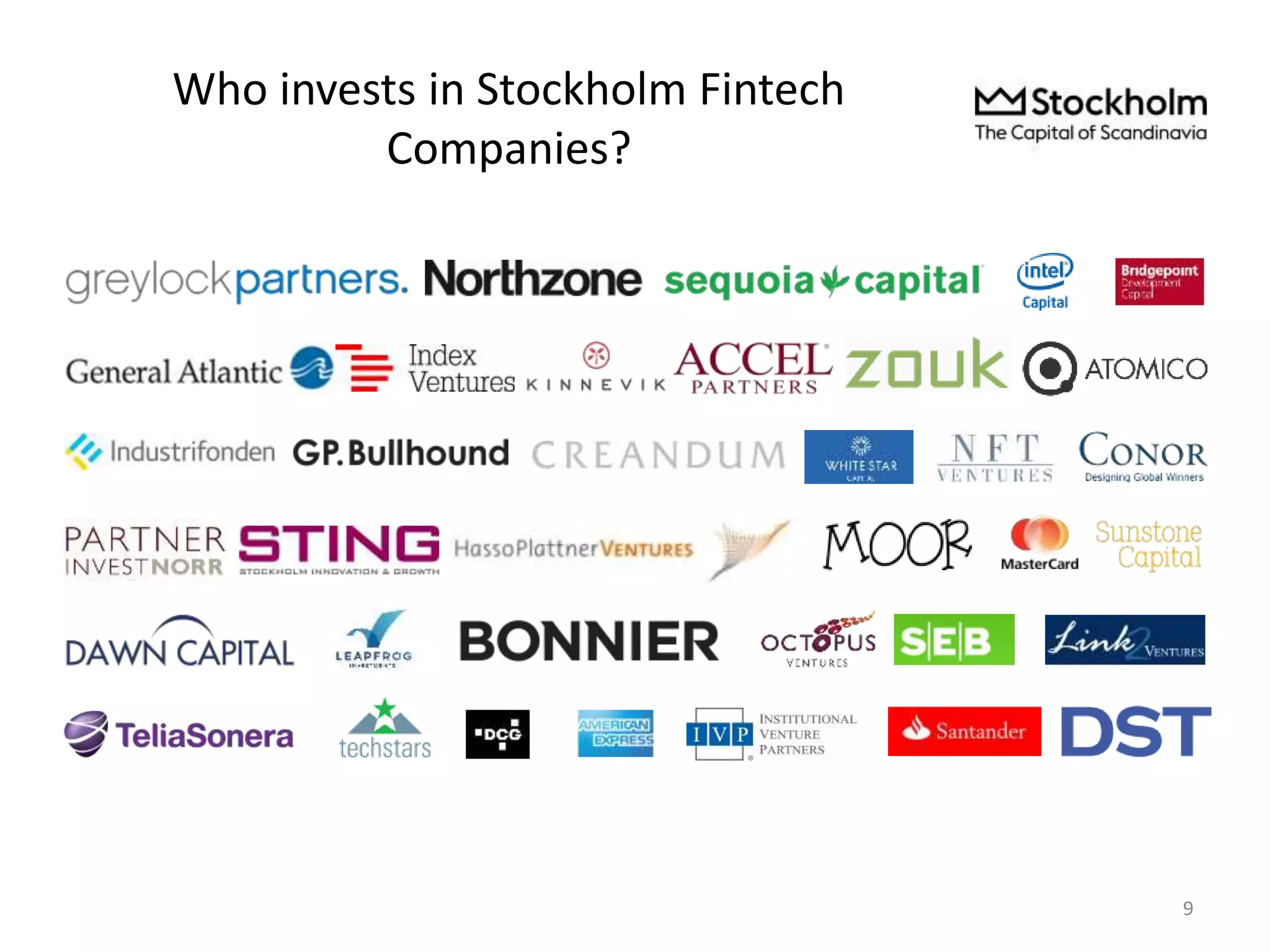 Who invests in Stockholm Fintech
Companies?
9
 