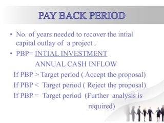 • No. of years needed to recover the intial
capital outlay of a project .
• PBP= INTIAL INVESTMENT
ANNUAL CASH INFLOW
If PBP > Target period ( Accept the proposal)
If PBP < Target period ( Reject the proposal)
If PBP = Target period (Further analysis is
required)
 