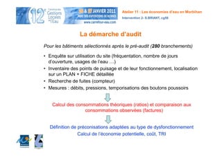 Atelier 11 : Les économies d’eau en Morbihan
                                     Intervention 2- S.BRIANT, cg56




                 La démarche d’audit
Pour les bâtiments sélectionnés après le pré-audit (280 branchements)

• Enquête sur utilisation du site (fréquentation, nombre de jours
  d’ouverture, usages de l’eau …)
• Inventaire des points de puisage et de leur fonctionnement, localisation
  sur un PLAN + FICHE détaillée
• Recherche de fuites (compteur)
• Mesures : débits, pressions, temporisations des boutons poussoirs


    Calcul des consommations théoriques (ratios) et comparaison aux
                   consommations observées (factures)


  Définition de préconisations adaptées au type de dysfonctionnement
                Calcul de l’économie potentielle, coût, TRI
 