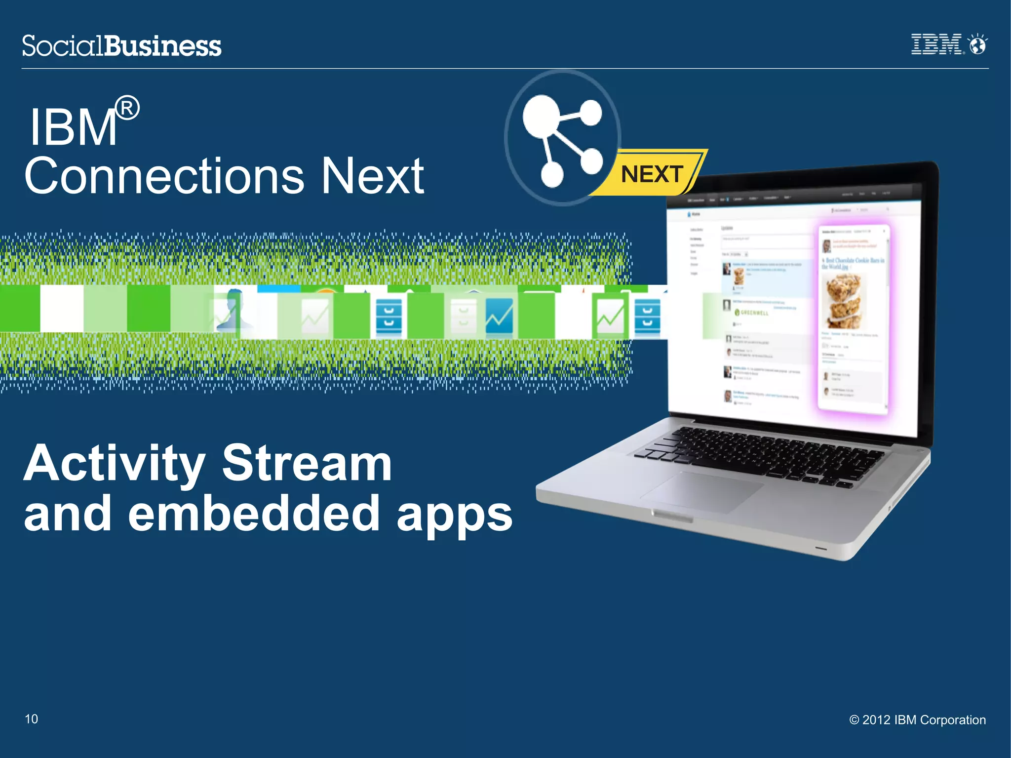 ®
IBM
Connections Next




Activity Stream
and embedded apps


10                  © 2012 IBM Corporation
 