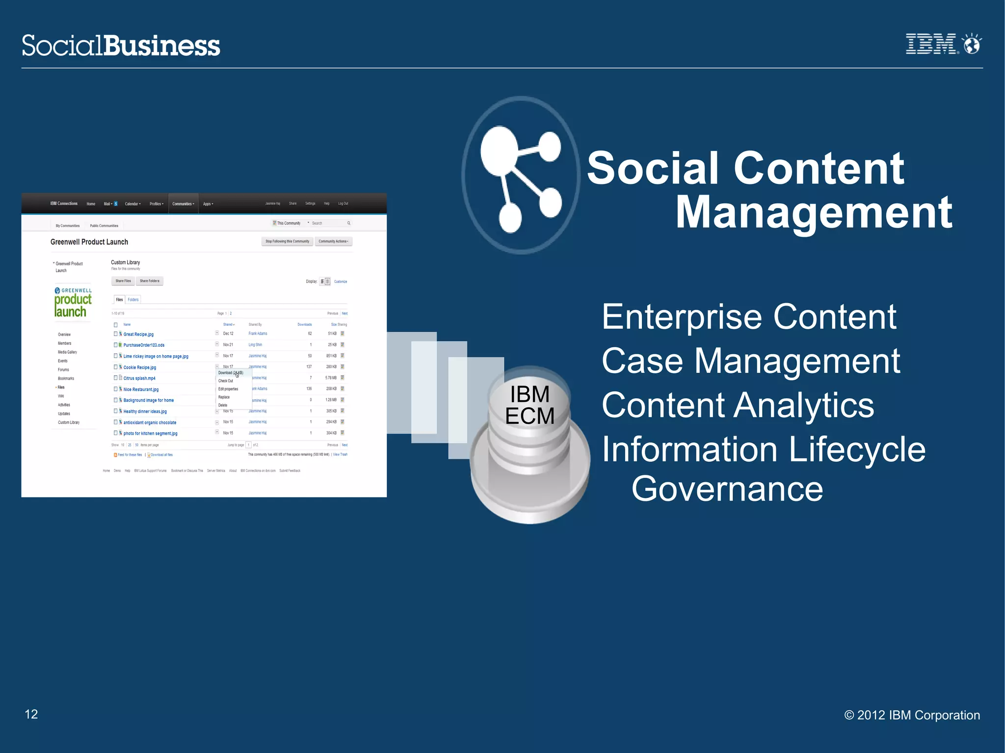 Social Content
              Management

           Enterprise Content
           Case Management
     IBM
     ECM   Content Analytics
           Information Lifecycle
             Governance




12                        © 2012 IBM Corporation
 