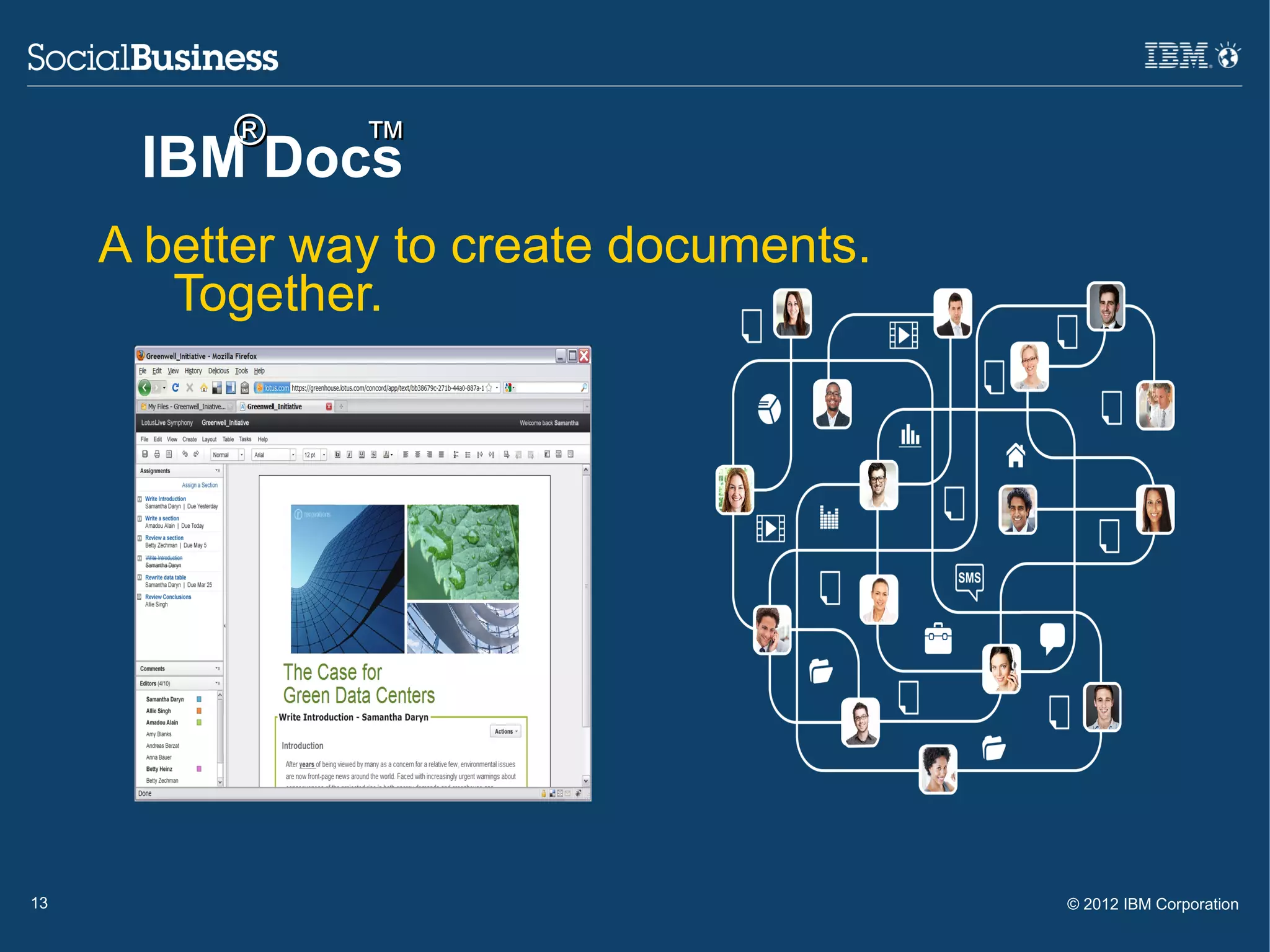 ®     ™
      IBM Docs
     A better way to create documents.
        Together.




13                                       © 2012 IBM Corporation
 