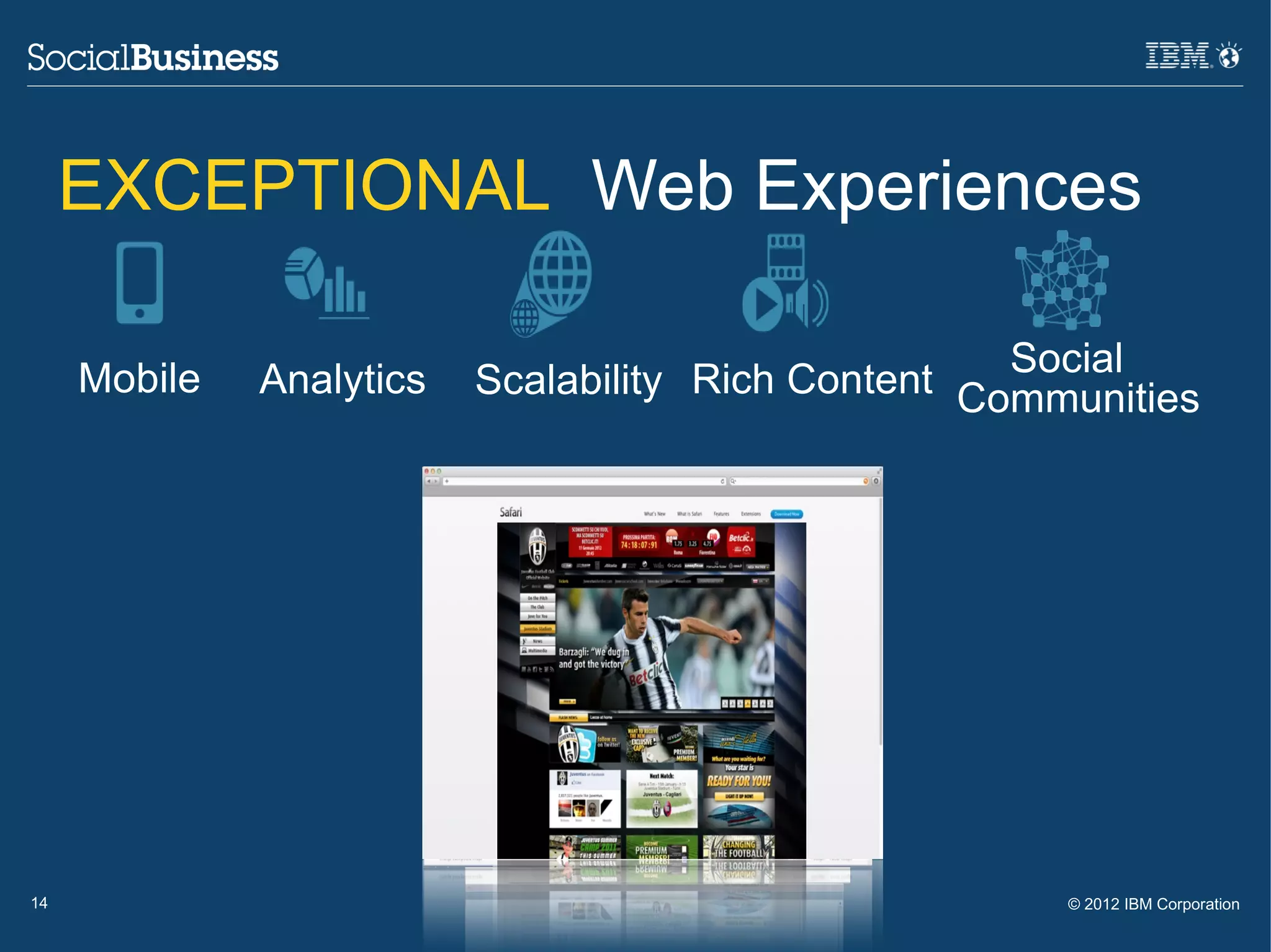 EXCEPTIONAL Web Experiences

     Mobile                                          Social
              Analytics   Scalability Rich Content Communities




14                                                     © 2012 IBM Corporation
 