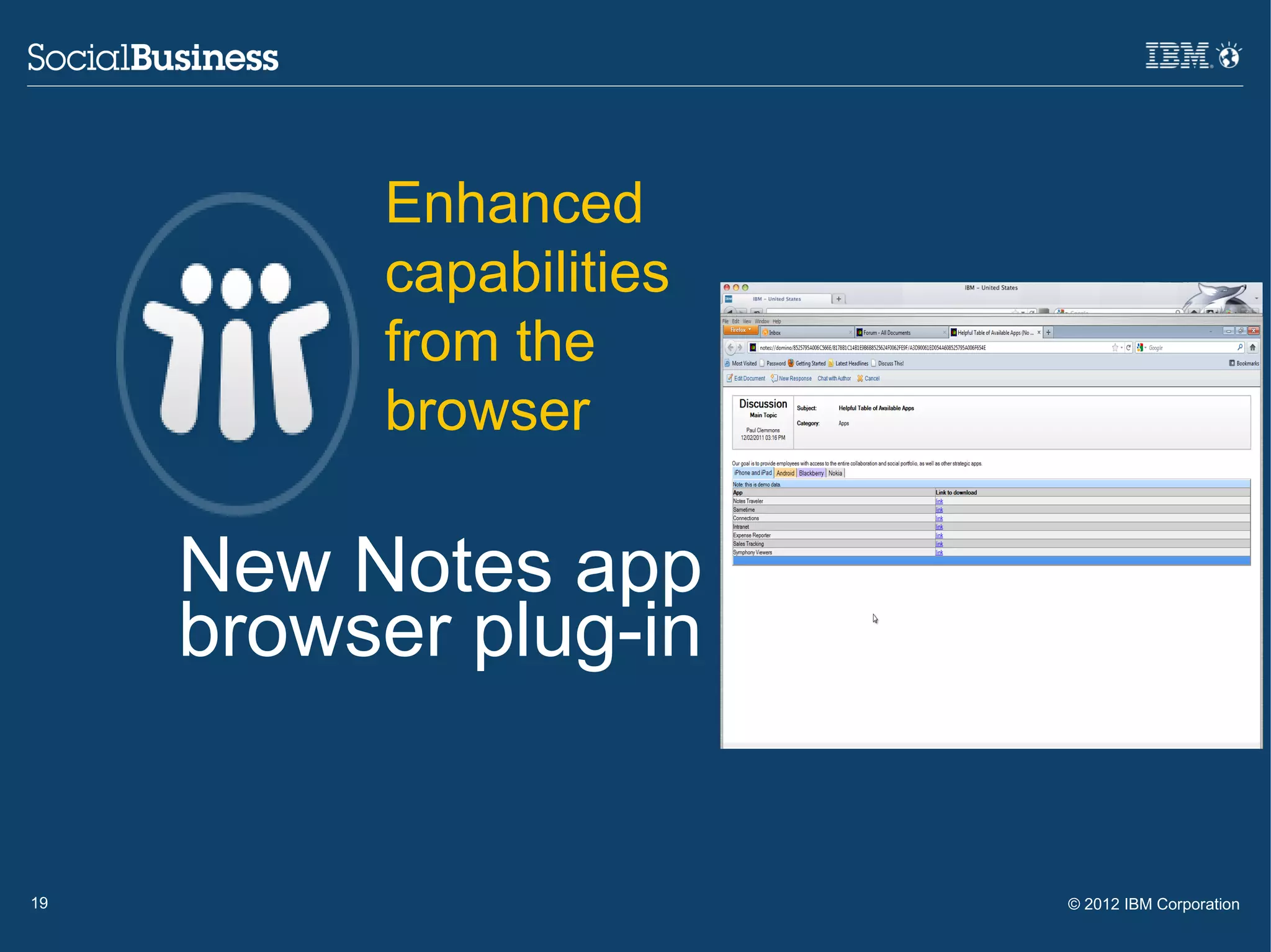 Enhanced
          capabilities
          from the
          browser

     New Notes app
     browser plug-in


19                       © 2012 IBM Corporation
 