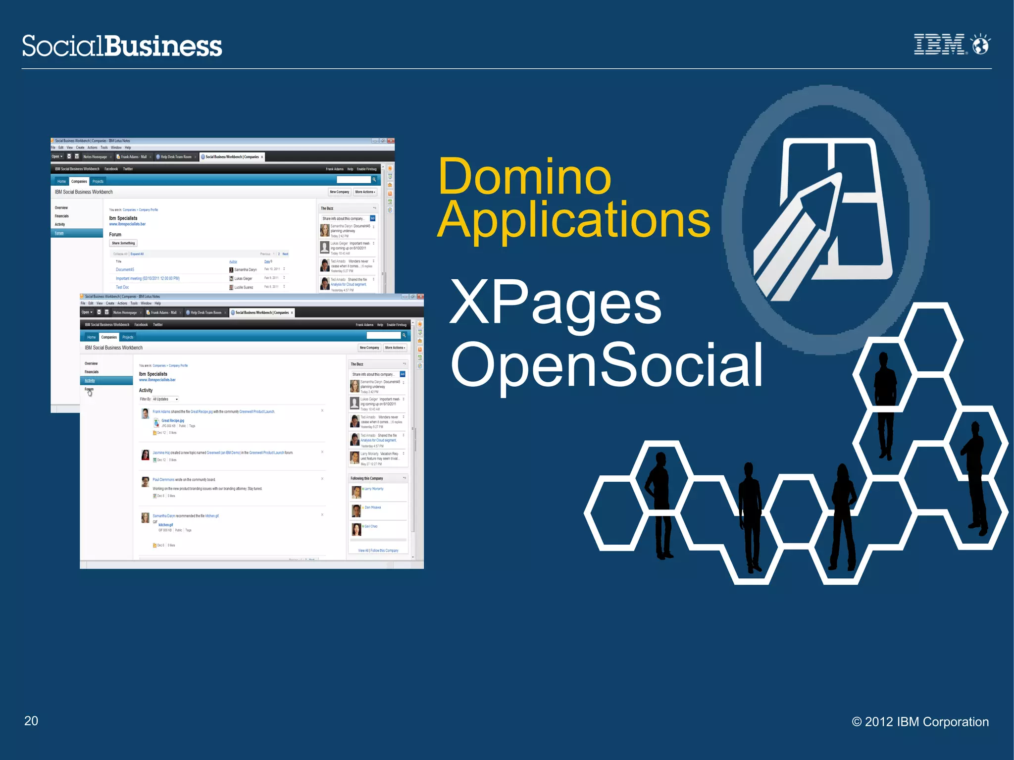 Domino
     Applications
     XPages
     OpenSocial




20                  © 2012 IBM Corporation
 