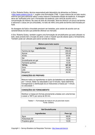 A Sra. Roberta Godoy, técnica responsável pelo laboratório de alimentos na Oxiteno
<http://www.oxiteno.com.br >, sugere uma formulação (TAB. 1) para mistura de um bolo neutro.
Informa que para adicionar sabor a essa mistura é necessária adição de essência. A dosagem
deve ser verificada junto com o fornecedor da essência, pois varia de acordo com a
concentração da mesma. No caso do bolo de chocolate, deve-se diminuir um pouco da farinha
e adicionar o cacau em pó (chocolate), no bolo de milho uma parte da farinha será trocada por
fubá.

As dosagens de fubá e chocolate precisam ser testadas, pois variam de acordo com as
características do bolo que pretende oferecer ao mercado.

A Sra. Roberta Godoy, também sugere uma formulação de emulsificante que será utilizado no
bolo, esse produto tem a função de aerar o bolo e impedir que ele abaixe após o forneamento.
Também pode ser utilizado para aerar sorvete de massa.


                                      Mistura para bolo neutro

                                  Ingredientes                              Peso (g)
              Farinha de trigo                                               250,00
              Açúcar                                                         225,00
              Amido                                                           25,00
              Sal                                                              2,50
              Emulsificante em gel                                            15,00
              Fermento químico                                                10,00
              TOTAL                                                          527,50
              Ovos                                                            66,50
              Leite                                                          212,50
              Margarina                                                       62,50
              CONDIÇÕES DE PREPARO

              Misturar todos os ingredientes no tacho da batedeira na velocidade 1
              por 1 minuto. Bater na velocidade 2 por 6 minutos. Após batimento,
              homogeneizar a distribuição do ar misturando a massa por 1 minuto
              na velocidade 1.

              CONDIÇÕES DE FORNEAMENTO

              Distribuir a massa em formas previamente untadas com unta-formas
              e assar a 180°C por cerca de 30 min.

                       Tabela 1 – Formulação de mistura em pó para bolo neutro
                                           Fonte: Oxiteno.



                                          Gel Emulsificante

                                  Ingredientes                              Peso (g)
               Água                                                           58,00
               Polisorbato 60                                                 13,00
               Propileno glicol                                               12,00

                                                                                               2
Copyright © - Serviço Brasileiro de Respostas Técnicas - http://www.sbrt.ibict.br
 