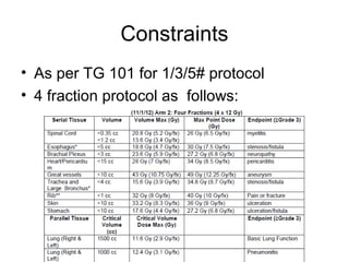 • As per TG 101 for 1/3/5# protocol
• 4 fraction protocol as follows:
Constraints
 