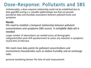 Dose-Response: Pollutants and SBS
Unfortunately, a dose-response relationship could not be established due to
data gapsSBS scoring is a valuable epidemiologic too that can provide
prevalence data and elucidate associations between pollutant levels and
symptoms

Needs
We need to establish a temporal relationship between pollutant
concentrations and symptoms (SBS scores) A complete data set is

needed
Larger number of observations are needed across all demographic
categoriesGather post-shift questionnaires to assess any reduction in symptoms
record time of interview

We need more data points for pollutant concentrations and
environment characteristics such as relative humidity and air-exchange
rates
personal monitoring devices The time of each measurement

 