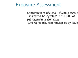 Exposure Assessment

Concentrations of E.coli (cfu/m3): 50% o
inhaled will be ingested1 in 100,000 of E.
pathogenicInhalation rates
(u=5.0E-03 m3/min) *multiplied by 480m

 