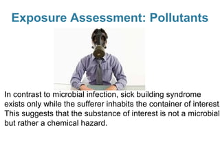 Exposure Assessment: Pollutants

In contrast to microbial infection, sick building syndrome
exists only while the sufferer inhabits the container of interest.
This suggests that the substance of interest is not a microbial
but rather a chemical hazard.

 