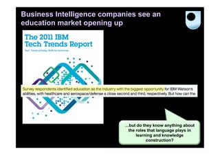 Business Intelligence companies see an
education market opening up




                            …but do they know anything about
                             the roles that language plays in
                                 learning and knowledge
                                      construction?           22
 