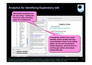 Analytics for identifying Exploratory talk

        Elluminate sessions can
        be very long – lasting for
        hours or even covering
        days of a conference




                                                                      It would be useful if we could
                                                                      identify where quality learning
                                                                      conversations seem to be taking
                                                                      place, so we can recommend
                                                                      those sessions, and not have to
                                                                      sit through online chat about
                                                                      virtual biscuits




Ferguson, R. and Buckingham Shum, S. Learning analytics to identify exploratory dialogue within synchronous text chat.   76
1st International Conference on Learning Analytics & Knowledge (Banff, Canada, 27 Mar-1 Apr, 2011)
 
