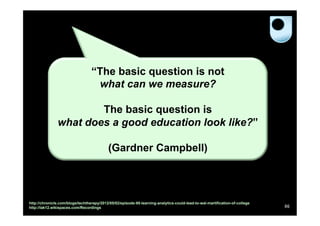 “The basic question is not
                                   what can we measure?

                       The basic question is
               what does a good education look like?”

                                           (Gardner Campbell)



http://chronicle.com/blogs/techtherapy/2012/05/02/episode-95-learning-analytics-could-lead-to-wal-martification-of-college
http://lak12.wikispaces.com/Recordings                                                                                       86
 
