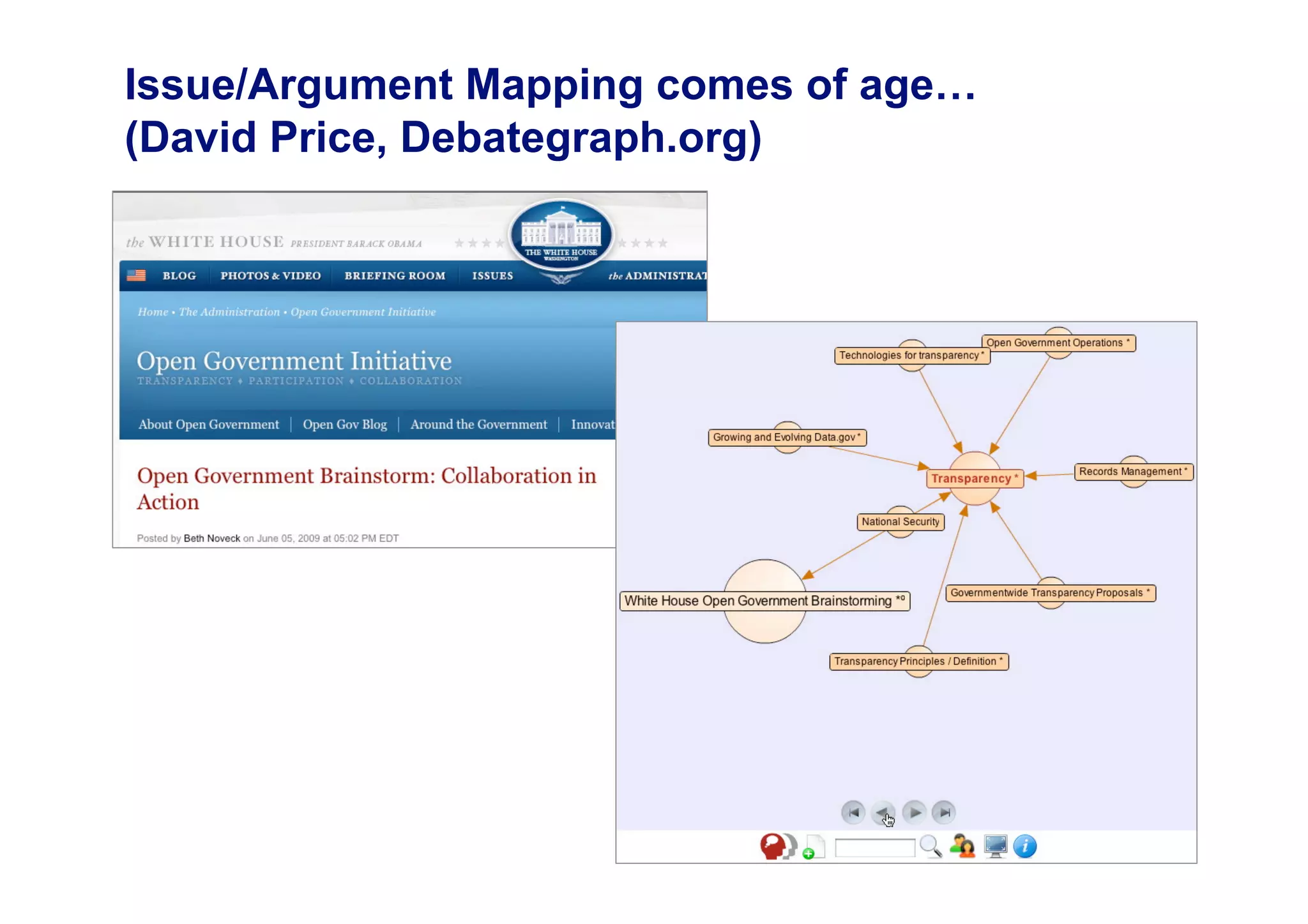Issue/Argument Mapping comes of age…
(David Price, Debategraph.org)




                                       22
 