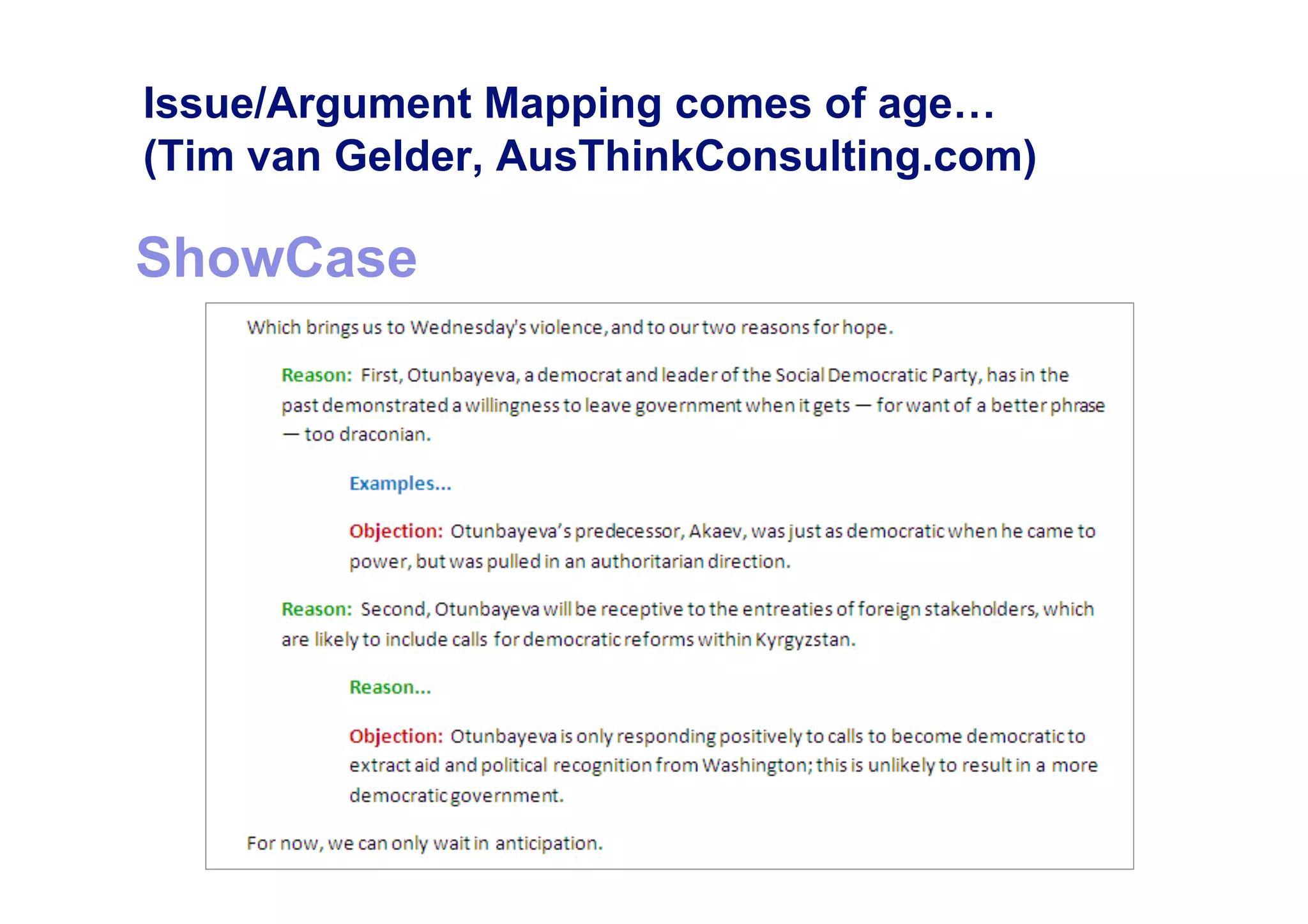 Issue/Argument Mapping comes of age…
(Tim van Gelder, AusThinkConsulting.com)

ShowCase
 