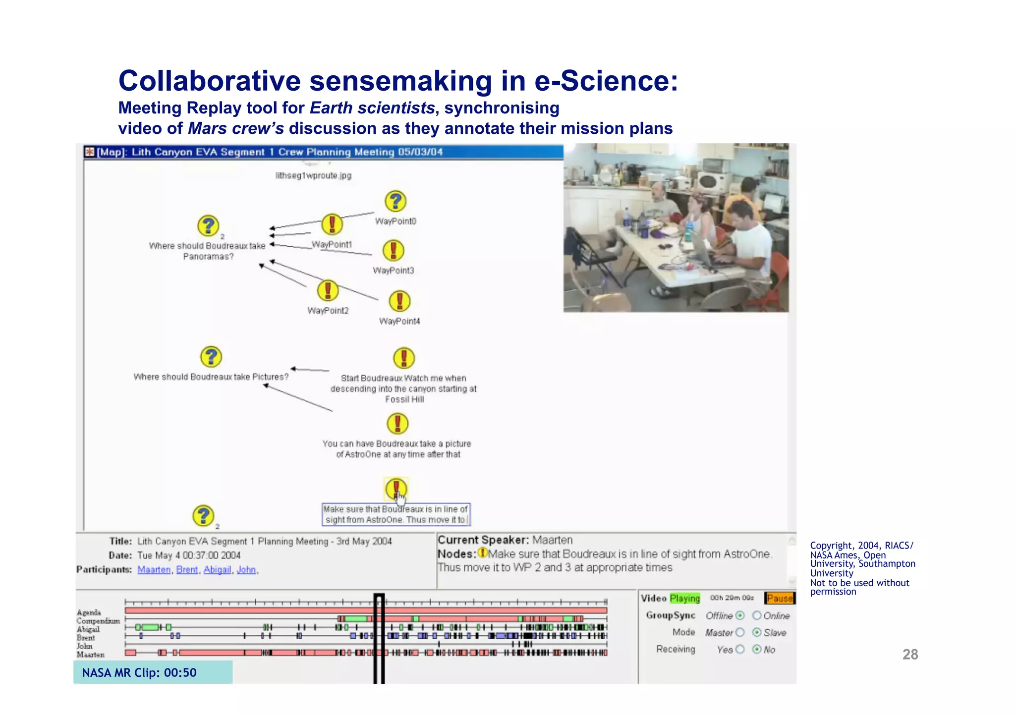 Collaborative sensemaking in e-Science:
     Meeting Replay tool for Earth scientists, synchronising
     video of Mars crew’s discussion as they annotate their mission plans




                                                                            Copyright, 2004, RIACS/
                                                                            NASA Ames, Open
                                                                            University, Southampton
                                                                            University
                                                                            Not to be used without
                                                                            permission




                                                                                                28
NASA MR Clip: 00:50
 