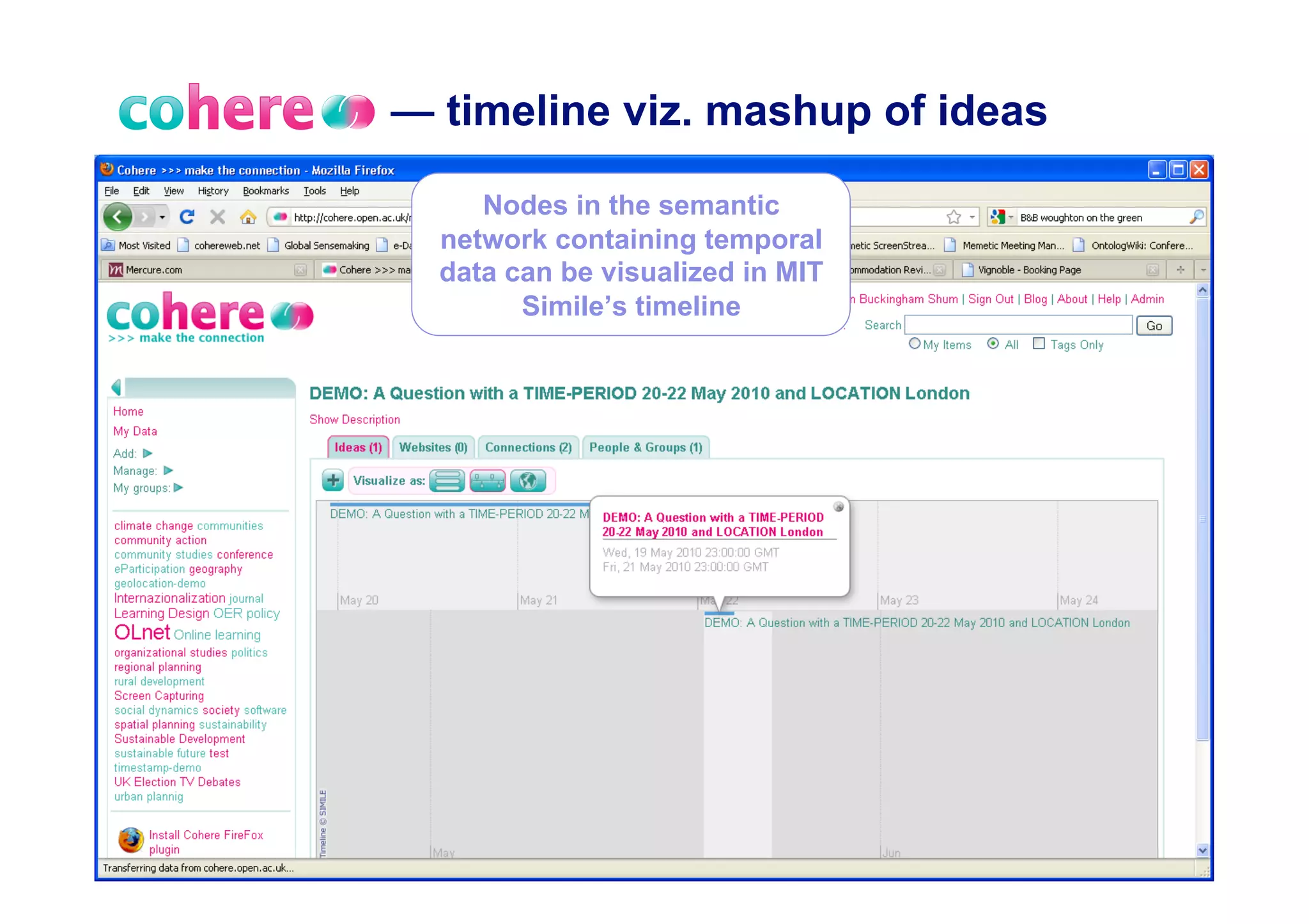 — timeline viz. mashup of ideas

     Nodes in the semantic
  network containing temporal
  data can be visualized in MIT
        Simile’s timeline
 