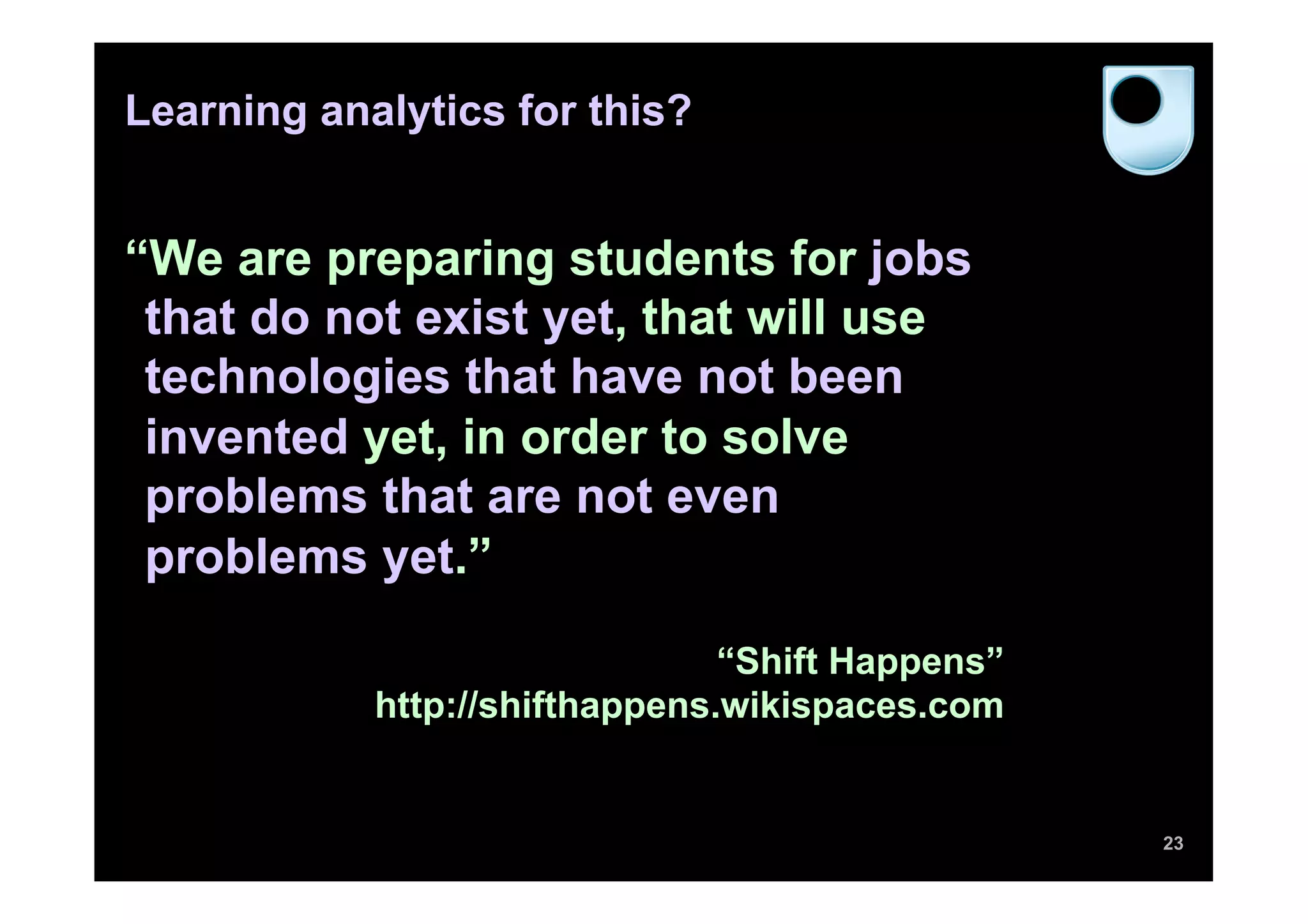 Learning analytics for this?


“We are preparing students for jobs
 that do not exist yet, that will use
 technologies that have not been
 invented yet, in order to solve
 problems that are not even
 problems yet.”

                                “Shift Happens”
            http://shifthappens.wikispaces.com


                                                  23
 