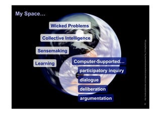 My Space…

            Wicked Problems

        Collective Intelligence




                                                 http://media.photobucket.com/image/yinyang/penelopecassandre/Tao_YinYangEarth2.jpg
      Sensemaking

     Learning          Computer-Supported…
                         participatory inquiry

                         dialogue

                         deliberation
                         argumentation
                                                    2
 