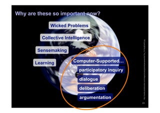 Why are these so important now?

             Wicked Problems

         Collective Intelligence




                                                  http://media.photobucket.com/image/yinyang/penelopecassandre/Tao_YinYangEarth2.jpg
        Sensemaking

       Learning         Computer-Supported…
                          participatory inquiry

                          dialogue

                          deliberation
                          argumentation
                                                  31
 