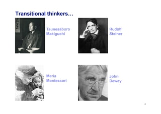 Transitional thinkers…

           Tsunesaburo   Rudolf
           Makiguchi     Steiner




           Maria         John
           Montessori    Dewey




                                   4
 