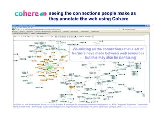seeing the connections people make as
                                      they annotate the web using Cohere




                                                               Visualizing all the connections that a set of
                                                              learners have made between web resources
                                                                   — but this may also be confusing




De Liddo, A. and Buckingham Shum, S. (2010). Cohere: A prototype for contested collective intelligence. In: ACM Computer Supported Cooperative
Work (CSCW 2010) - Workshop: Collective Intelligence In Organizations, February 6-10, 2010, Savannah, Georgia, USA. http://oro.open.ac.uk/19554
 