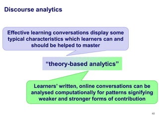 Discourse analytics


 Effective learning conversations display some
 typical characteristics which learners can and
           should be helped to master


                ―theory-based analytics‖


           Learners‘ written, online conversations can be
          analysed computationally for patterns signifying
             weaker and stronger forms of contribution

                                                         40
 