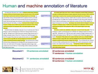 Human and machine annotation of literature




    Document 1    19 sentences annotated    22 sentences annotated
                                            11 sentences = human annotation

    Document 2    71 sentences annotated    59 sentences annotated
                                            42 sentences = human annotation



            Ágnes Sándor & OLnet Project:
            http://olnet.org/node/512
 