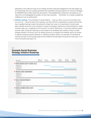 Depending on the scale and scope of your strategy, the level of executive engagement in the early stages may
  be minimal, likely even just a passing awareness that social efforts are being explored. VP Consumer Strategies
  for ARAMARK Danna Vetter shared this best practice: “Get all stakeholders involved from the beginning, and
  make them as knowledgeable as possible. Let them take ownership. … Remember: it’s a change management
  challenge as much as anything else.”
4.	Initiative roadmap. The prioritization of social initiatives — what you will do, but just as importantly, what
   you won’t do — lies at the heart of the roadmap. Less than half of the organizations surveyed said that they
   have a detailed roadmap in place that extends for longer than a year. In an examination of social media
   plans, Altimeter found that most consisted of a series of campaigns organized by channel (Facebook, Twitter,
   YouTube, blogs, etc.), usually laid out for the next 6-12 months. Absent was: 1) how these initiatives created
   business value; 2) long-term planning on what needed to be developed and invested in today to enable
   strategic activities in the future; and 3) an iterative process to re-evaluate if the initiatives need to be revised
   to address changing business objectives or marketing conditions. Below is an example of a hypothetical
   roadmap that lays out the business goals and the initiatives that will support that goal over three years, in six-
   month increments (see Figure 10).




                                          Attribution-Noncommercial-Share Alike 3.0 United States | © 2013 Altimeter Group | 22
 