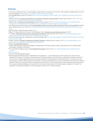 Endnotes
i
    F
     or this report, Altimeter focuses on social strategies at large enterprise companies with more than 1,000 employees. Additional data cuts of the
    survey are available at altimetergroup.com/research/reports/social-business-strategy.
ii
    See The CMO Survey, August 2012, page 34. (http://cmosurvey.org/files/2012/08/The_CMO_Survey_Highlights_and_Insights_August-2012-
    Final.pdf).
iii
      O
       wyang, Jeremiah. Social Business Readiness: How Advanced Companies Prepare Internally. Altimeter Group, August 31, 2011. http://www.
      altimetergroup.com/research/reports/social-business-readiness.
iv
      E
       tlinger, Susan. A Framework for Social Analytics. Altimeter Group, August 10, 2011. http://www.altimetergroup.com/research/reports/a-
      framework-for-social-analytics/http://www.altimetergroup.com/research/reports/a-framework-for-social-analytics/.
v
     L
      ieb, Rebecca and Jeremiah Owyang. The Converged Media Imperative: How Brands Will Combine Paid, Owned, and Earned Media. Altimeter
     Group. Altimeter Group, July 19, 2012. http://www.altimetergroup.com/research/reports/how-brands-will-combine-paid-owned-and-earned-
     media.
vi
      A
       etna CEO Mark T. Bertolini’s twitter handle: @mtbert.
vii
       B
        ase of 110 respondents with more than 1,000 employees. Source: Altimeter Group Social Business Survey, Q4 2012.
viii
        Li, Charlene. Making the Business Case for Enterprise Social Networks. Altimeter Group, Feb. 22, 2012. http://www.altimetergroup.com/
         research/reports/making-the-business-case-for-enterprise-social-networks.
ix
      U
       S Air Force blog triage map, as referenced in Jeremiah Owyang’s blog: http://www.web-strategist.com/blog/2008/12/31/diagram-how-the-air-
      force-response-to-blogs/.
x
     Owyang, Jeremiah. A Strategy for Managing Social Media Proliferation. Altimeter Group, January 5, 2012. http://www.altimetergroup.com/
      research/reports/astrategy-for-managing-social-media-proliferation.
xi
      Owyang. Social Business Readiness.
xii
       A RACI chart describes the roles, responsibilities, and expectations of all team members involved, specifically those who are Responsible,
        Accountable, Consulted, and Informed.
xiii
         F
          or more detail, see Etlinger, Susan. The Social Media ROI Cookbook. July 24, 2012. http://www.altimetergroup.com/research/reports/
         thesocial-
media-roi-cookbook.
xiv
         L
          ieb. The Converged Media Imperative.
xv
        B
         usiness goals and objectives exist at multiple levels in the organization — at the enterprise level, within business units, and also inside
        departments and teams. In the absence of business goals, it’s sometimes better to hold off until they are defined and consensus is earned. In
        one such case, a national organization aimed to bring social media from the enterprise level to each physical branch. The goal was to scale
        social media as a matter of better serving to local customers. To extend social media from a core hub to branches around the country required a
        significant investment in training and resources. Although the idea had merit, it was not clearly tied to business objectives and metrics because
        the company’s overall local strategy was in a state of flux. As a result, the team couldn’t earn internal support or alignment. The result: The
        organization put local social initiatives on hold but proceeded to execute on an enterprise strategy.




                                                           Attribution-Noncommercial-Share Alike 3.0 United States | © 2013 Altimeter Group | 25
 