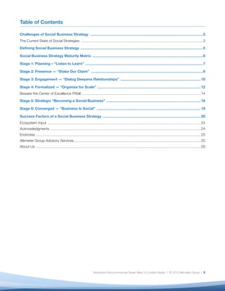 Table of Contents

Challenges of Social Business Strategy ...........................................................................................................................................3
The Current State of Social Strategies ......................................................................................................................................................3
Defining Social Business Strategy .......................................................................................................................................................5

Social Business Strategy Maturity Matrix ........................................................................................................................................6

Stage 1: Planning – “Listen to Learn” .................................................................................................................................................7

Stage 2: Presence — “Stake Our Claim” ..........................................................................................................................................9

Stage 3: Engagement — “Dialog Deepens Relationships” ................................................................................................... 10

Stage 4: Formalized — “Organize for Scale” ............................................................................................................................... 12
Beware the Center of Excellence Pitfall .................................................................................................................................................. 14
Stage 5: Strategic — “Becoming a Social Business” .............................................................................................................. 16

Stage 6: Converged — “Business Is Social” ................................................................................................................................ 19

Success Factors of a Social Business Strategy ......................................................................................................................... 20
Ecosystem Input ............................................................................................................................................................................................ 24
Acknowledgments ........................................................................................................................................................................................ 24
Endnotes .......................................................................................................................................................................................................... 25
Altimeter Group Advisory Services ........................................................................................................................................................... 25
About Us .......................................................................................................................................................................................................... 26




                                                                                    Attribution-Noncommercial-Share Alike 3.0 United States | © 2013 Altimeter Group | 2
 