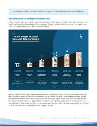 The set of visions, goals, plans, and resources that align social media initiatives with business objectives.



Social Business Strategy Maturity Matrix
A fully formed, coherent, and integrated social business strategy doesn’t appear overnight — it develops and evolves over
time. The amount of time it takes varies with each business. We found, however, that organizations — regardless of time
— go through six distinct stages of development (see Figure 4).




Altimeter found that, even in early stages, businesses need to introduce value by aligning or meeting business goals and
needs so they are present at every stage of the journey. We also learned that developing an integrated strategy requires
that all elements of your business goals and social business strategy are aligned around those goals and needs and that
they are appropriate for where your organization is on its journey (see Figure 5). Use this graph to understand where you
are on the journey. Then ground yourself in the current state, and make the most of it. But also understand when it’s time to
move on to the next stage — and how to do it in a coherent manner.




                                                 Attribution-Noncommercial-Share Alike 3.0 United States | © 2013 Altimeter Group | 6
 