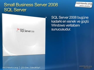 Small Business Server 2008 SQL ServerSQL Server 2008 bugüne kadarki en esnek ve güçlü Windows veritabanı sunucusudur. Small Business Server 2008Live OneCareSunucunuzu “her zaman açık” hizmetiyle korumanıza, bakımını yapmanıza ve yönetmenize yardımcı olur. OneCare, bilgisayarınızın arka planında sessizce çalışarak virüslere, casus yazılıma, kötü niyetli kullanıcılara ve diğer istenmeyen izinsiz girişlere karşı korumaya yardımcı olur.Small Business Server 2008 Office Live Small Businessİşlerinizi Internette çevrimiçi yapmanız, yükseltmeniz ve yönetmeniz için gerekenleri sağlar. Karmaşık bir altyapı kurmanın ya da bu altyapının bakımını sağlamak için teknik personel görevlendirmenin zorlukları veya masraflarıyla uğraşmadan profesyonel bir Web varlığı oluşturabilirsiniz172.16.64.11DNS ClientSmall Business Server 2008 DNSmail1.bilgeadambta.localDatabaseSBSDNS Server