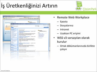 İş Üretkenliğinizi Artırın Remote Web Workplace Eposta Dosyalarınız Intranet Uzaktan PC erişimi WSS v3 varsayılan olarak kurulur Ortak dökümanlarınızda birlikte çalışın  