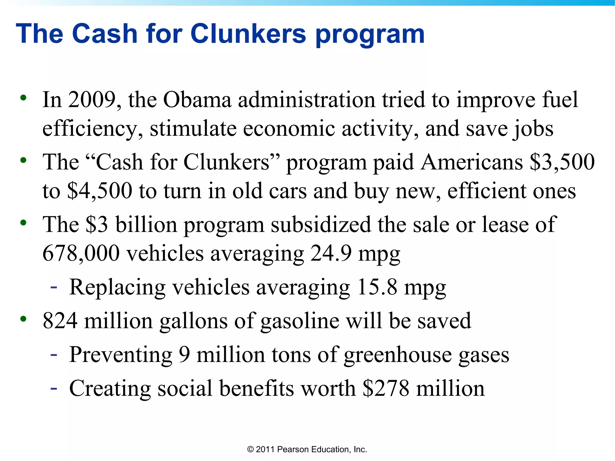 © 2011 Pearson Education, Inc.
The Cash for Clunkers program
• In 2009, the Obama administration tried to improve fuel
efficiency, stimulate economic activity, and save jobs
• The “Cash for Clunkers” program paid Americans $3,500
to $4,500 to turn in old cars and buy new, efficient ones
• The $3 billion program subsidized the sale or lease of
678,000 vehicles averaging 24.9 mpg
- Replacing vehicles averaging 15.8 mpg
• 824 million gallons of gasoline will be saved
- Preventing 9 million tons of greenhouse gases
- Creating social benefits worth $278 million
 