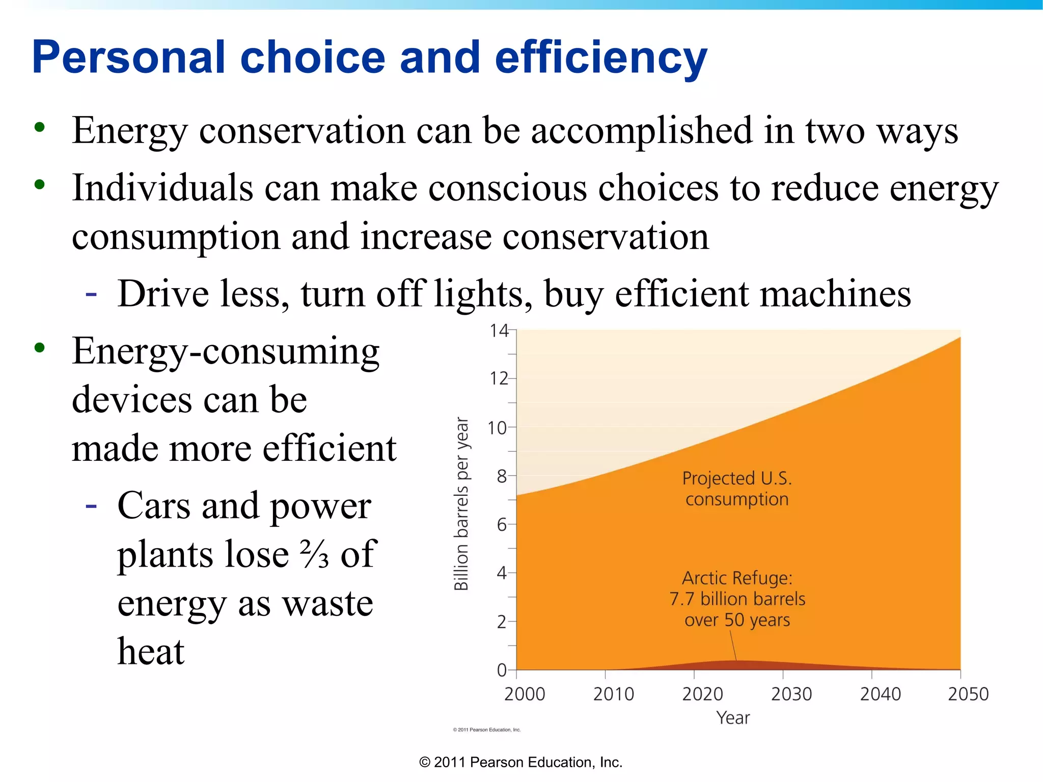 © 2011 Pearson Education, Inc.
Personal choice and efficiency
• Energy conservation can be accomplished in two ways
• Individuals can make conscious choices to reduce energy
consumption and increase conservation
- Drive less, turn off lights, buy efficient machines
• Energy-consuming
devices can be
made more efficient
- Cars and power
plants lose ⅔ of
energy as waste
heat
 
