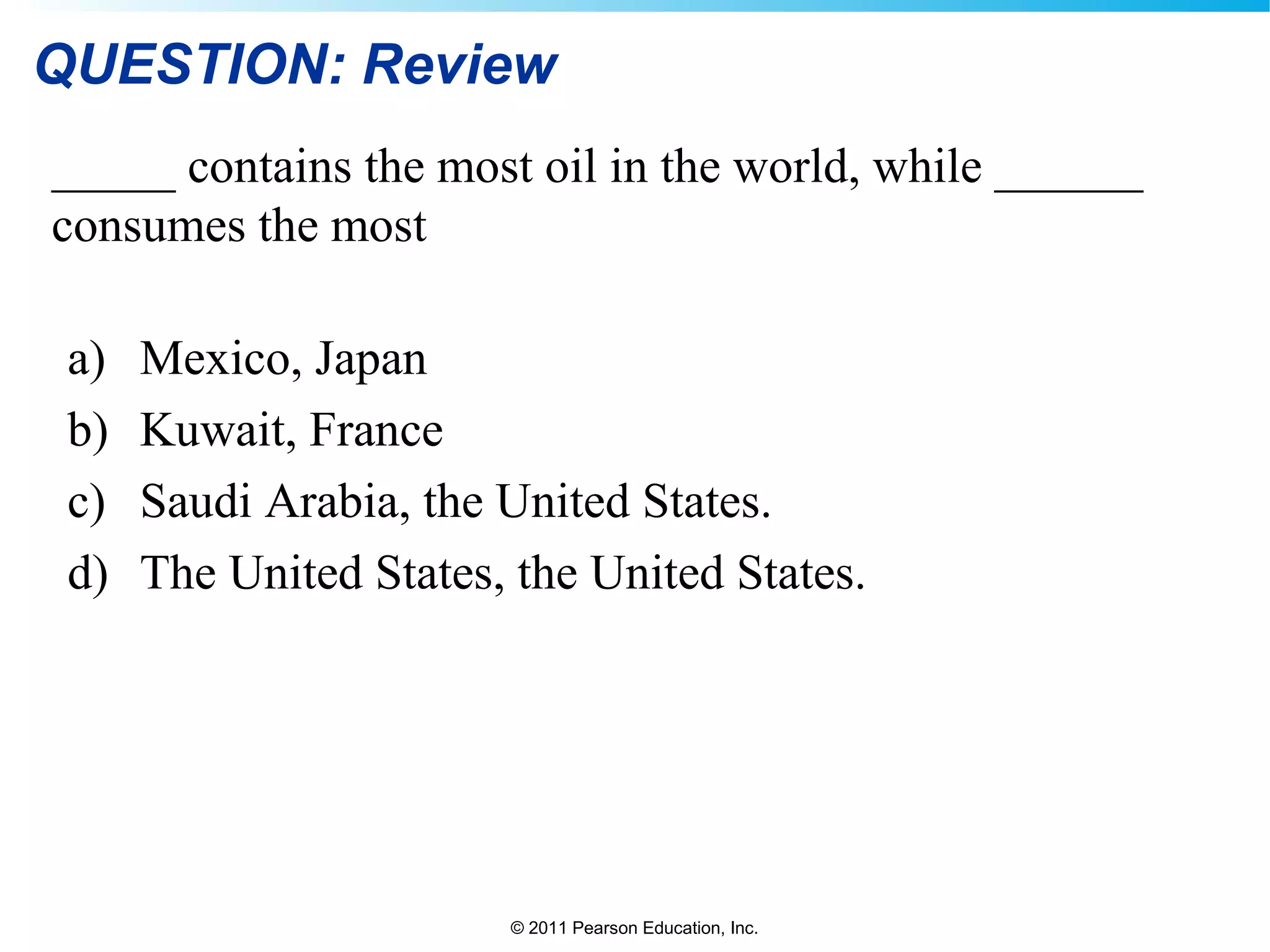 © 2011 Pearson Education, Inc.
QUESTION: Review
_____ contains the most oil in the world, while ______
consumes the most
a) Mexico, Japan
b) Kuwait, France
c) Saudi Arabia, the United States.
d) The United States, the United States.
 