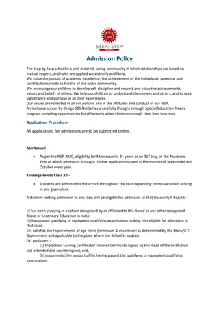 SBS Admission Policy- Step by Step School Noida | PDF