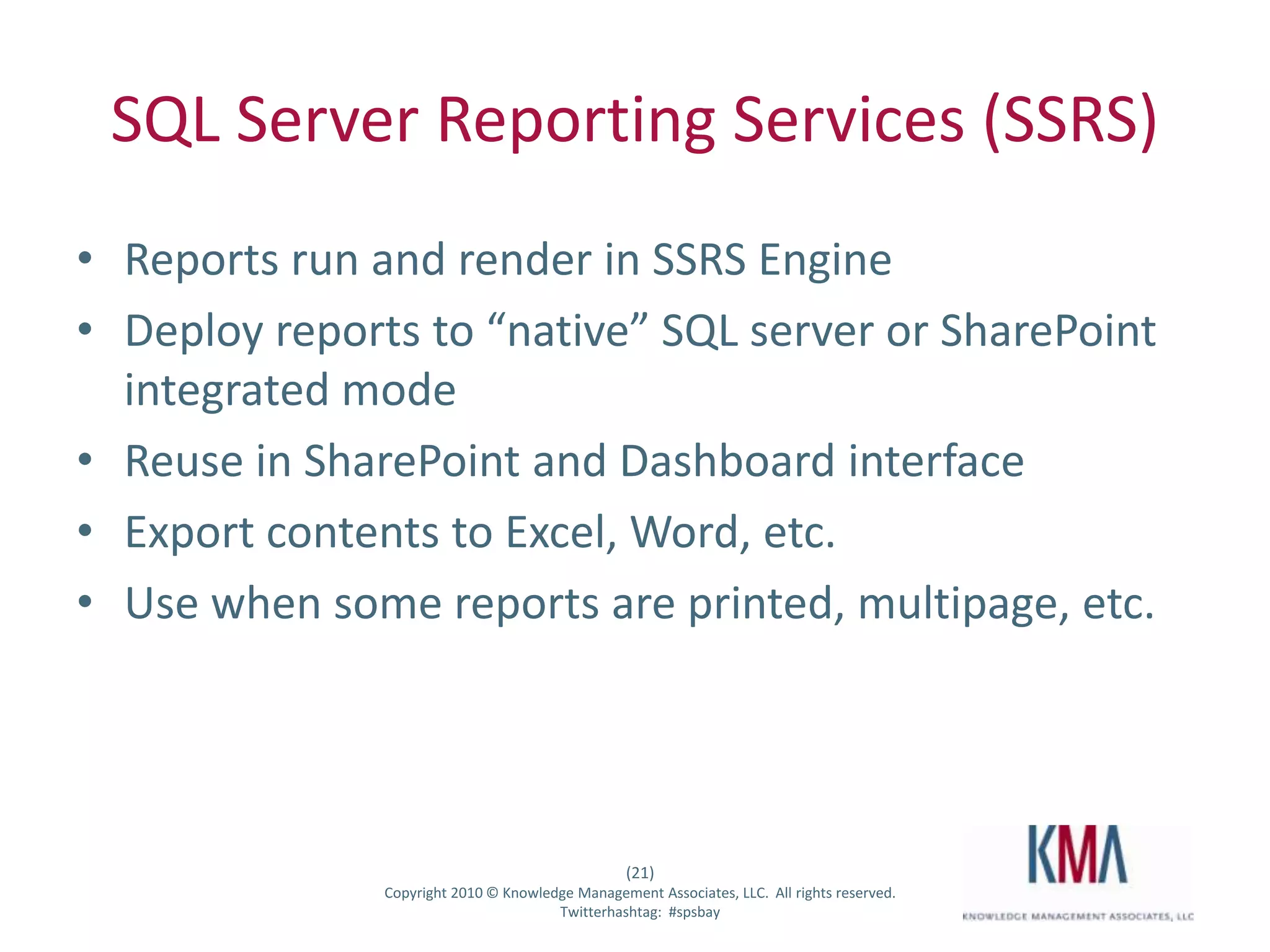 SharePoint ChartingNative to SharePoint (Web Part)Code-free solution – uses web part and native lists