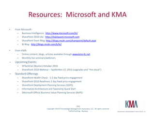 PowerPivotLike Excel Web Access except underlying data can be sourced from:SQL, Analysis Services Cube, SSRS ReportAccessPower Pivot/ExcelData Feeds (XML, Atom, Azure, WCF OData, Dallas)Oracle, Teradata, Sybase, DB2ODBCText filesExcel optimized to handle data management and memory cache locallySharePoint builds cache and optimizes for server web accessUse when Excel modeling skills are high but data is too large or too heterogeneous to keep in multiple Excel spreadsheetsQuick tip: www.powerpivotgeeks.net